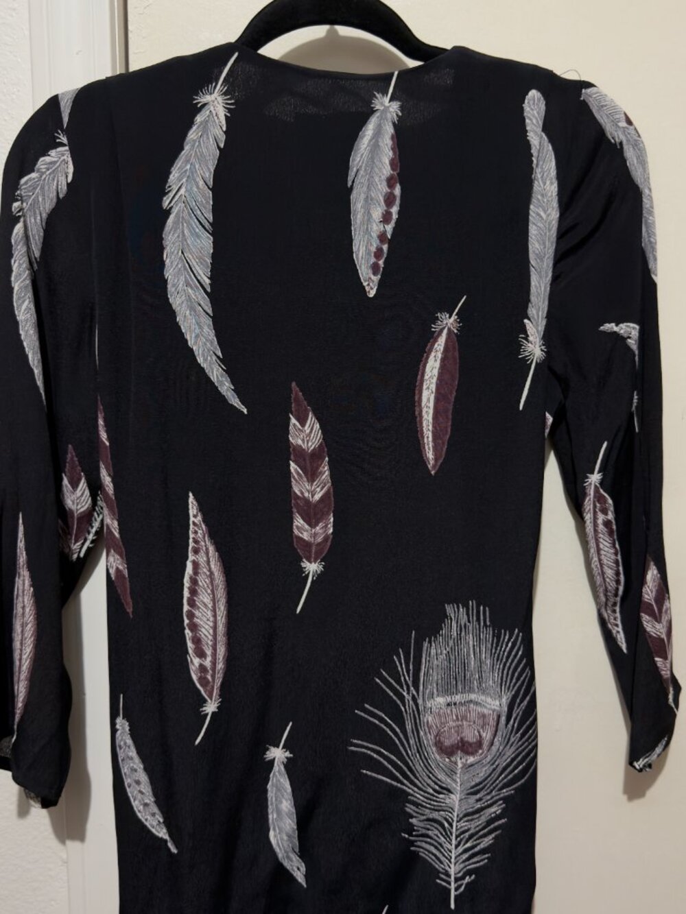 Line & Dot Black Feather Print Surplice Faux Wrap Mini Dress V-Neck - Picture 6 of 16